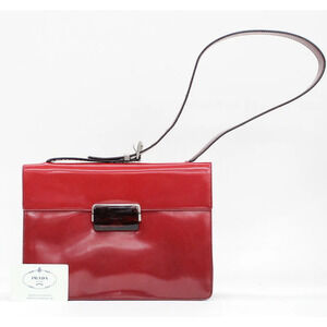 Prada Enamel Leather Shoulder Bag Hobo Handbag Red Card